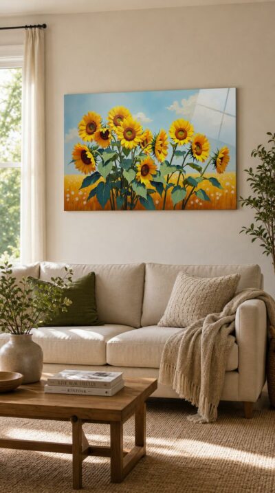 A radiant cluster of sunflowers rises against a soft summer sky, their golden heads leaning into the warmth above a field of ripened gold.