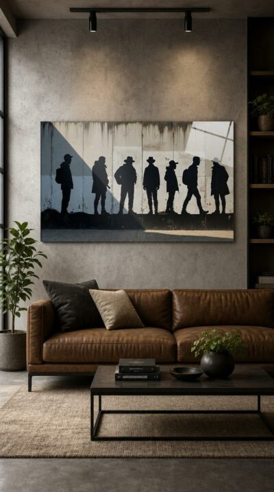 Stenciled silhouettes of travelers stride across a weathered concrete wall, their black forms cut sharp by raking sunlight and a single diagonal shadow.