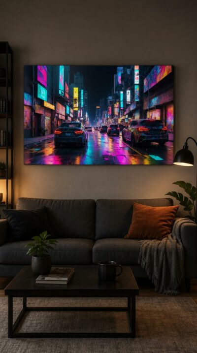 A rain-slicked city avenue at night, cars gliding beneath a riot of electric signage that pools in liquid colour across the wet asphalt.