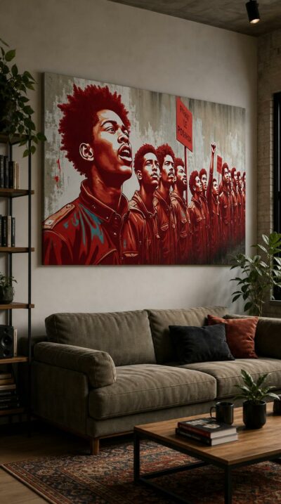 A street mural of protesters mid-cry, rendered in fierce reds against a weathered wall, their raised fists and signs alive with collective urgency.