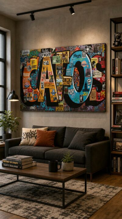 A teeming city wall where layered posters, stencils and freehand tags collide into one electric chorus of color and voice.