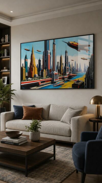 A bold mid-century vision of a soaring metropolis, sleek towers piercing a turquoise sky as orange aircraft glide above a sunlit river.