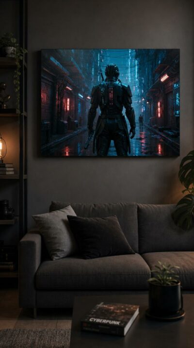 A cyber-enhanced warrior stands alone in a rain-slicked alley, neon bleeding across his armored back as a distant figure waits in the haze.