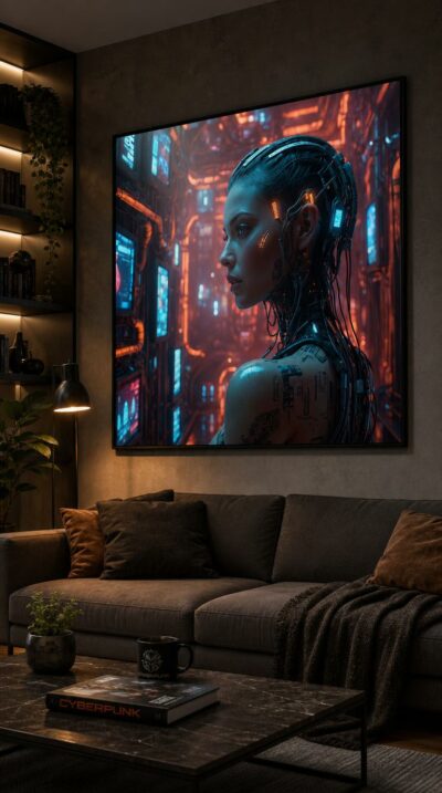 In profile, a woman fused with glowing circuitry gazes through a neon-soaked chamber of pipes, cables and flickering screens.
