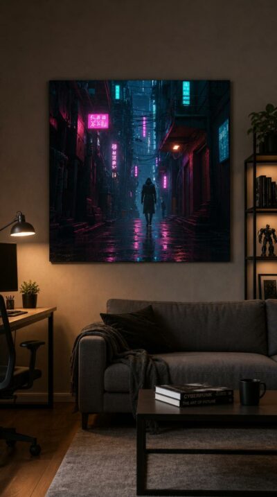 A lone, hooded figure walks a rain-slicked alley deep into a neon-soaked city, magenta and cyan signs bleeding into the dark.