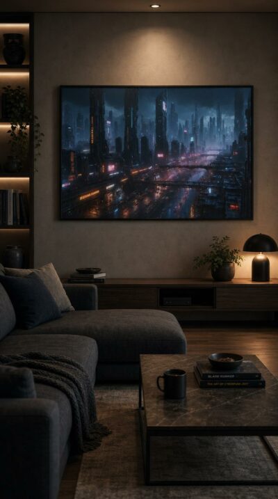 A rain-slicked metropolis sprawls under a stormy night sky, its towers ablaze with neon and a luminous river of traffic threading the canyons below.