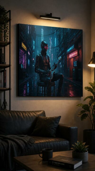 A chrome musician sits on a stool in a rain-slick neon alley, cradling an electric guitar beneath a sky of glowing signs and tangled cables.
