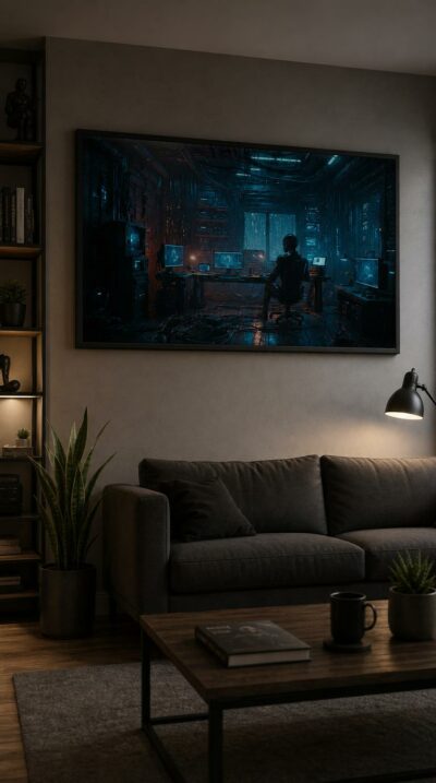 A lone figure in a sleek dark exosuit sits before a wall of glowing screens, wired into a cluttered, neon-lit room humming with electric blue light.