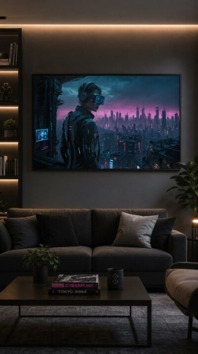 A figure in a sleek VR visor stands above a neon-soaked megacity, lost between a watching world and the dream behind the lens.