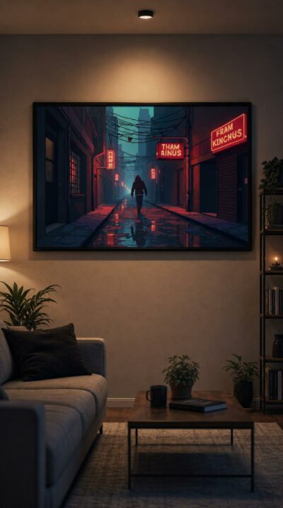 A lone hooded figure walks a rain-slicked alley aglow with red neon, the city dissolving into blue mist — all rendered in luminous pixel art.