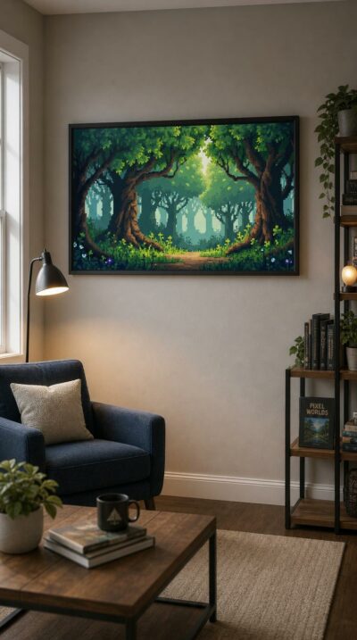 A glowing pixel-art woodland opens onto a sunlit path, where ancient trees arch overhead and tiny wildflowers light the undergrowth.