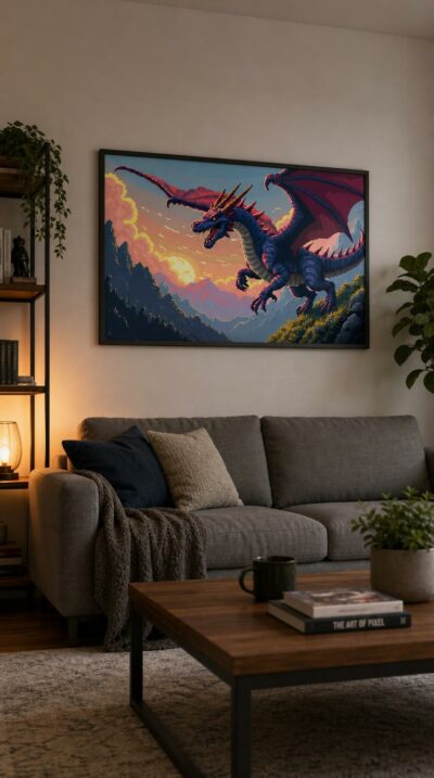 A scaled dragon banks across a glowing sunset sky, wings spread wide over pine-clad mountains, rendered in vivid retro pixel art.
