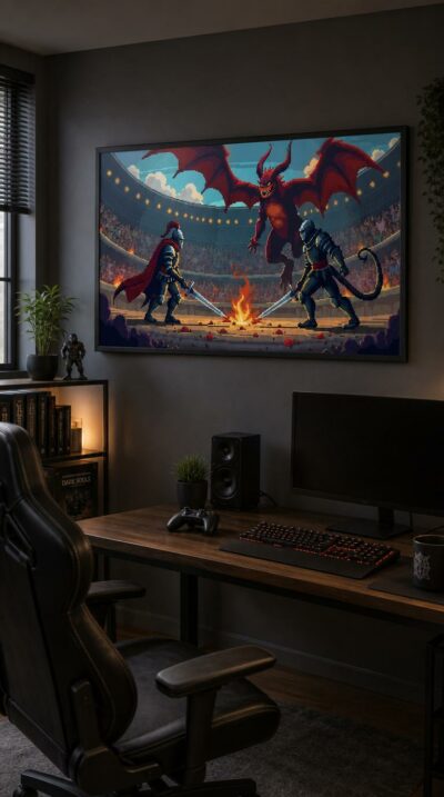 Two armored knights cross glowing swords over a crackling fire while a winged crimson demon looms in a roaring arena, rendered in vivid 8-bit pixel art.