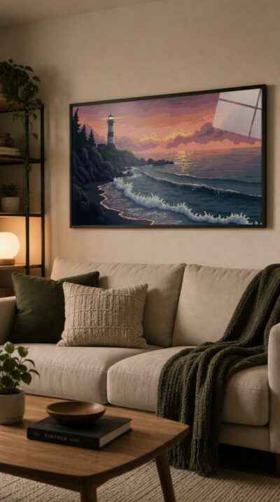 A pixel-art coastline at sunset, where a striped lighthouse keeps watch over rolling waves and a sky washed in rose and gold.