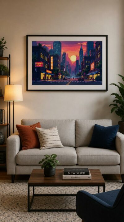 A pixel-art metropolis glows at dusk, neon signs and lit windows lining a quiet avenue beneath a great pink-gold sun.