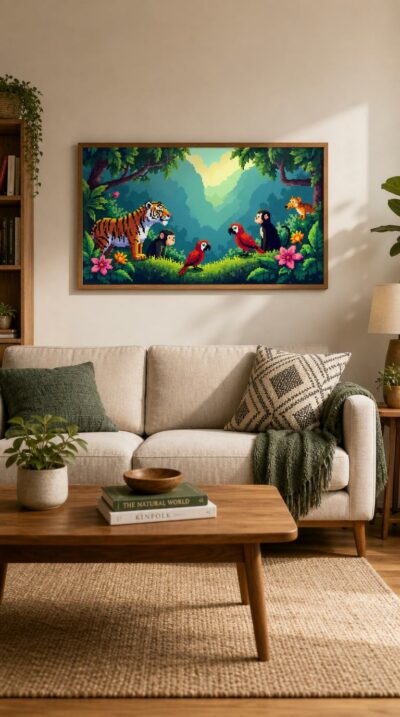 A jungle clearing rendered in glowing pixels, where a tiger, monkeys and scarlet macaws gather among ferns and bright tropical blooms.