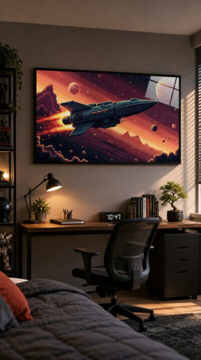 A lone spacecraft streaks through a candy-hued cosmos of distant planets, drifting asteroids and a glowing horizon, rendered in crisp 8-bit pixels.