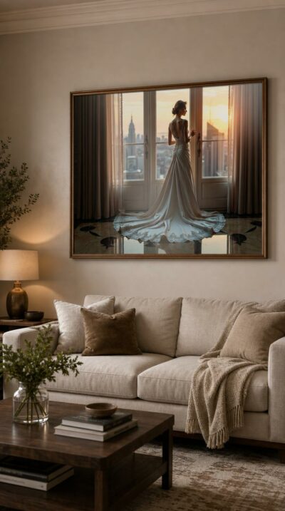 A woman in a flowing satin gown stands at a tall window, her silhouette poised against a city skyline dissolving into golden sunset.