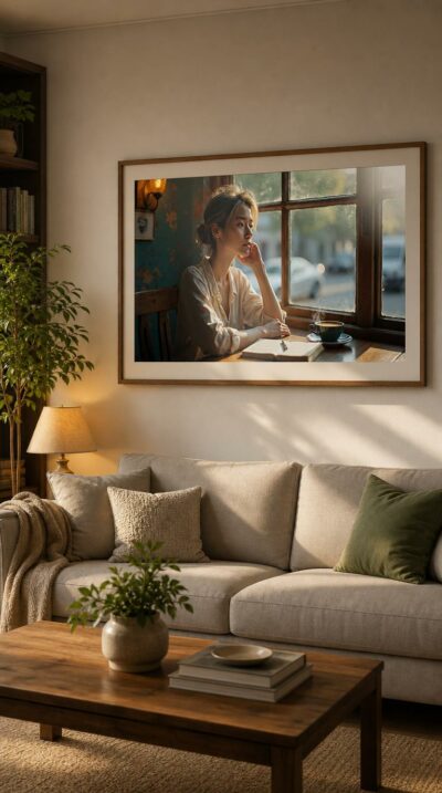 A young woman pauses over coffee by a sunlit café window, lost in quiet thought as the city drifts past outside.