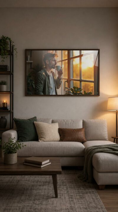 A man pauses by a sunlit window, coffee cup raised, lost in thought as golden dawn light pours through rain-flecked glass.