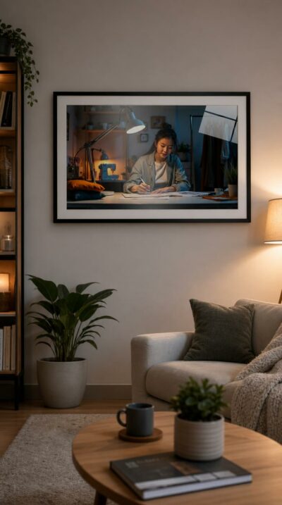 A young designer sketches by lamplight in her studio, surrounded by fabrics and a sewing machine, lost in the quiet flow of late-night creation.