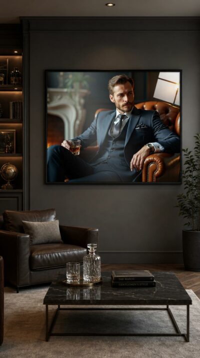 A poised man in a tailored navy suit reclines in a tan leather armchair, whiskey in hand, firelight warming the quiet luxury around him.