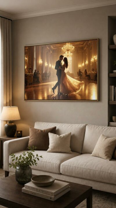 A couple sways close beneath a glowing chandelier, her gown unfurling across the polished floor of a golden ballroom alive with quiet celebration.