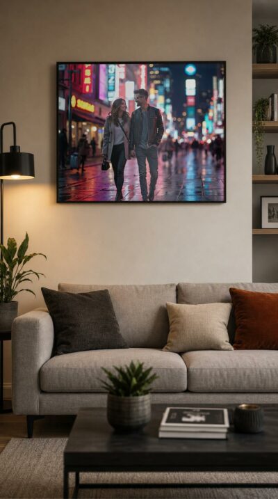 A couple strolls hand in hand through a neon-lit city street at night, sharing a smile as reflections shimmer across wet pavement.