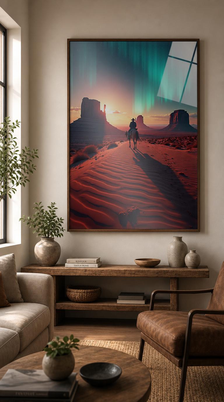 A lone rider pauses on red dunes as Monument Valley's spires catch the sunset and a green aurora ripples across the desert sky.
