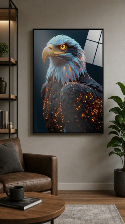 A bald eagle rendered in living circuitry, its dark plumage scattered with embers of orange light against a deep midnight blue.