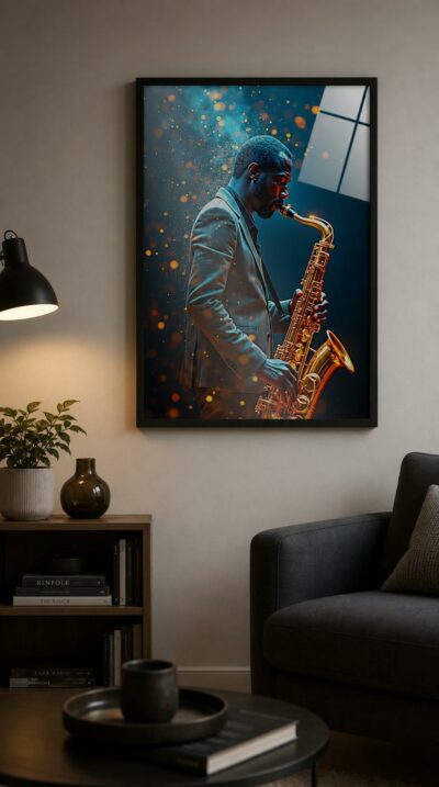 A saxophonist bends into his solo, robed in cobalt shadow and warm gold, while a storm of glowing sparks scatters the night around him.