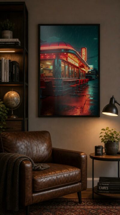 A chrome diner blazes red and gold against a rain-soaked night, its empty stools and mirrored sidewalk holding the quiet romance of the open road.