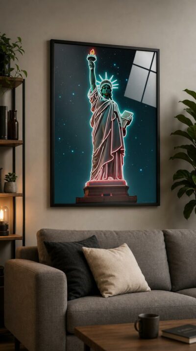 The Statue of Liberty stands against a star-strewn night, her form traced in glowing neon ribbons of red and electric blue, torch alight like a beacon.