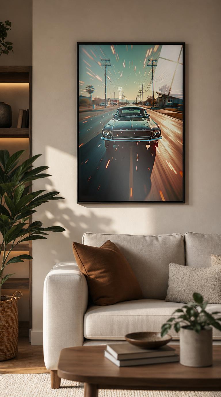 A black 1967 Mustang Fastback charges down a sun-bleached boulevard as embers of light streak past, the road dissolving into pure motion.