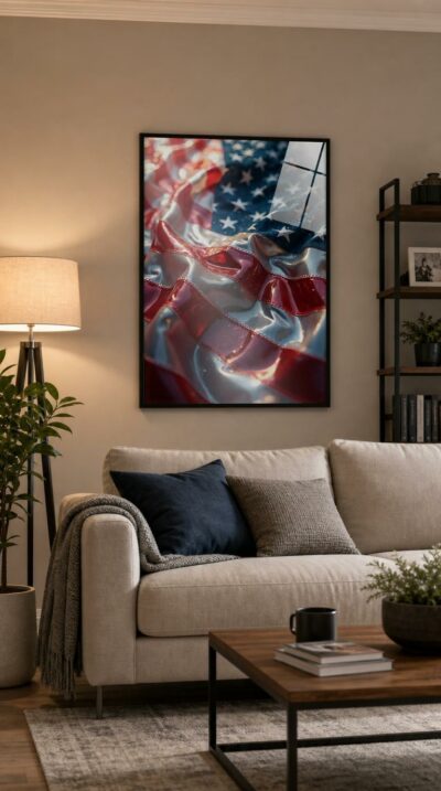 The American flag reimagined as a glowing wave of fabric, where stars shimmer like constellations and stripes ripple with luminous red, white and blue.