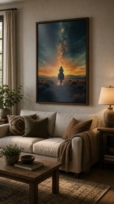 A lone cowboy rides toward a burning horizon as a river of stars pours down through the dusk, the prairie hushed and endless around him.