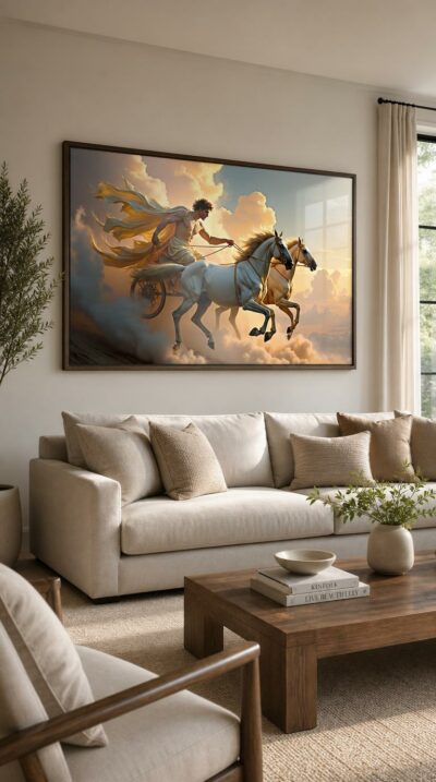 Apollo leans into the reins as his white horses gallop through a soft dawn sky, his golden cloak streaming behind him in the morning light.