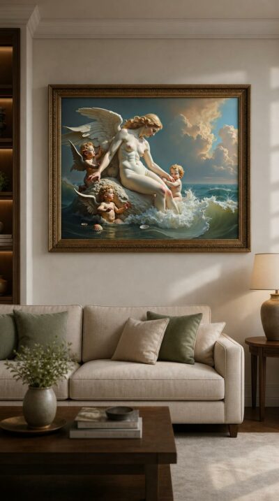 Venus rises from a foaming sea, her marble-smooth form attended by winged cherubs beneath a luminous sky of towering clouds.