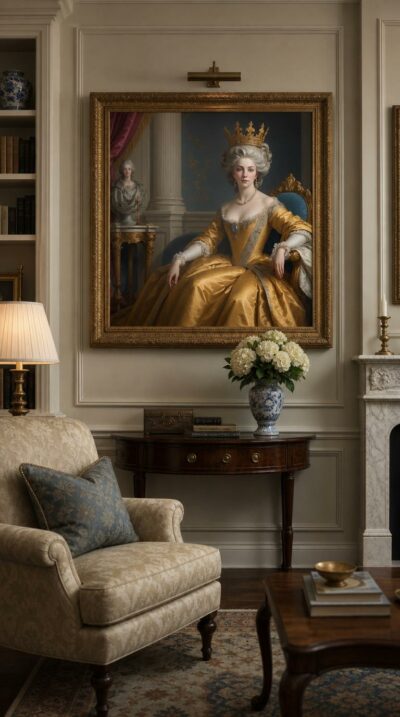 A young queen in golden silk sits crowned and composed upon a gilded throne, her serene gaze radiating quiet authority amid drapery and classical columns.