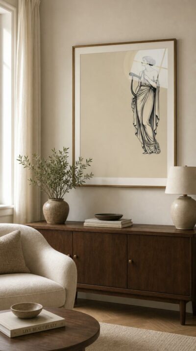 A classical muse in profile holds her lyre and lifts her gaze skyward, rendered in fine monochrome line against a soft, luminous ground.