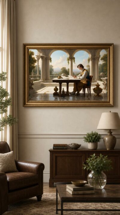 A young scholar bends over an open book on a marble table, framed by classical arches that open onto a sunlit garden and distant city.