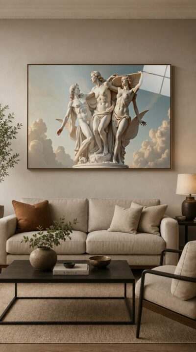 Three idealized marble figures rise together against a luminous sky, wings outstretched, draped in flowing cloth, embodying grace, balance, and quiet classical grandeur.