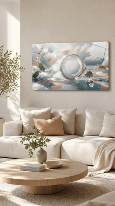 A luminous glass-like droplet rests on still water, cradling soft leaves and pearl-pink petals beneath a sky of gentle clouds.