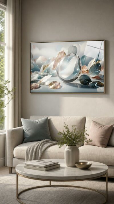 A luminous glass pebble rests among gilt-edged leaves in soft pastels, catching light like a still drop of dawn against drifting clouds.