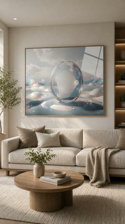 A luminous glass sphere rests on a soft, undulating field, its surface catching iridescent flecks beneath a hazy pastel sky.