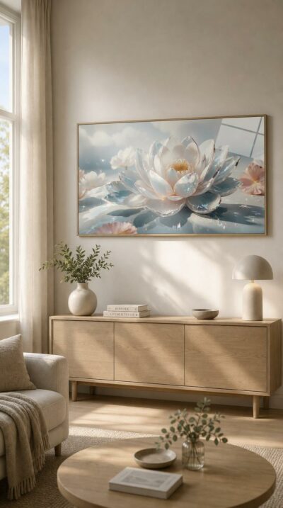 A luminous lotus rests on still water, its translucent petals catching light and scattering soft rainbow glimmers under a pale, cloud-washed sky.