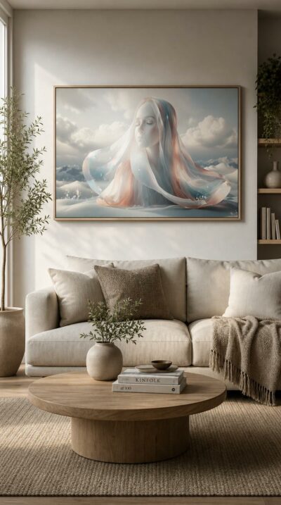 A serene face crowned by translucent, pastel-glowing veils, drifting above snow-soft peaks and clouds in a hush of quiet radiance.