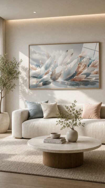 Pastel feathers drift through soft light, their translucent edges catching glints of gold, blush and pale blue against a quiet, cloud-touched horizon.