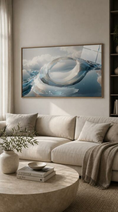 A translucent swell of water curls beneath a soft cloudscape, its glassy surface bending light into ripples of silver and pale blue.
