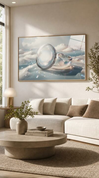 Two luminous glass forms rest on a glistening pale shore, refracting soft rainbow light beneath a hazy, dreamlike sky.